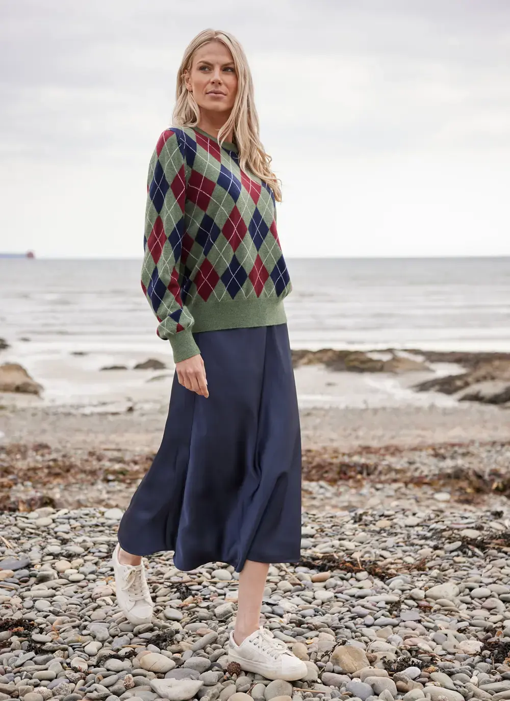 Cashmere Wool Argyle Crew Neck Sweater in Green